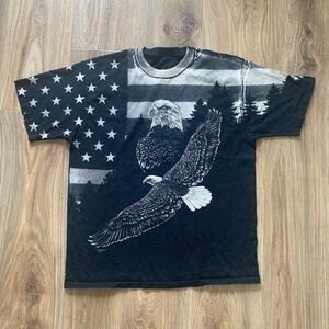 Vintage Y2K 90s Eagle American Flag Faded All Over Print Black USA Tee Shirt L